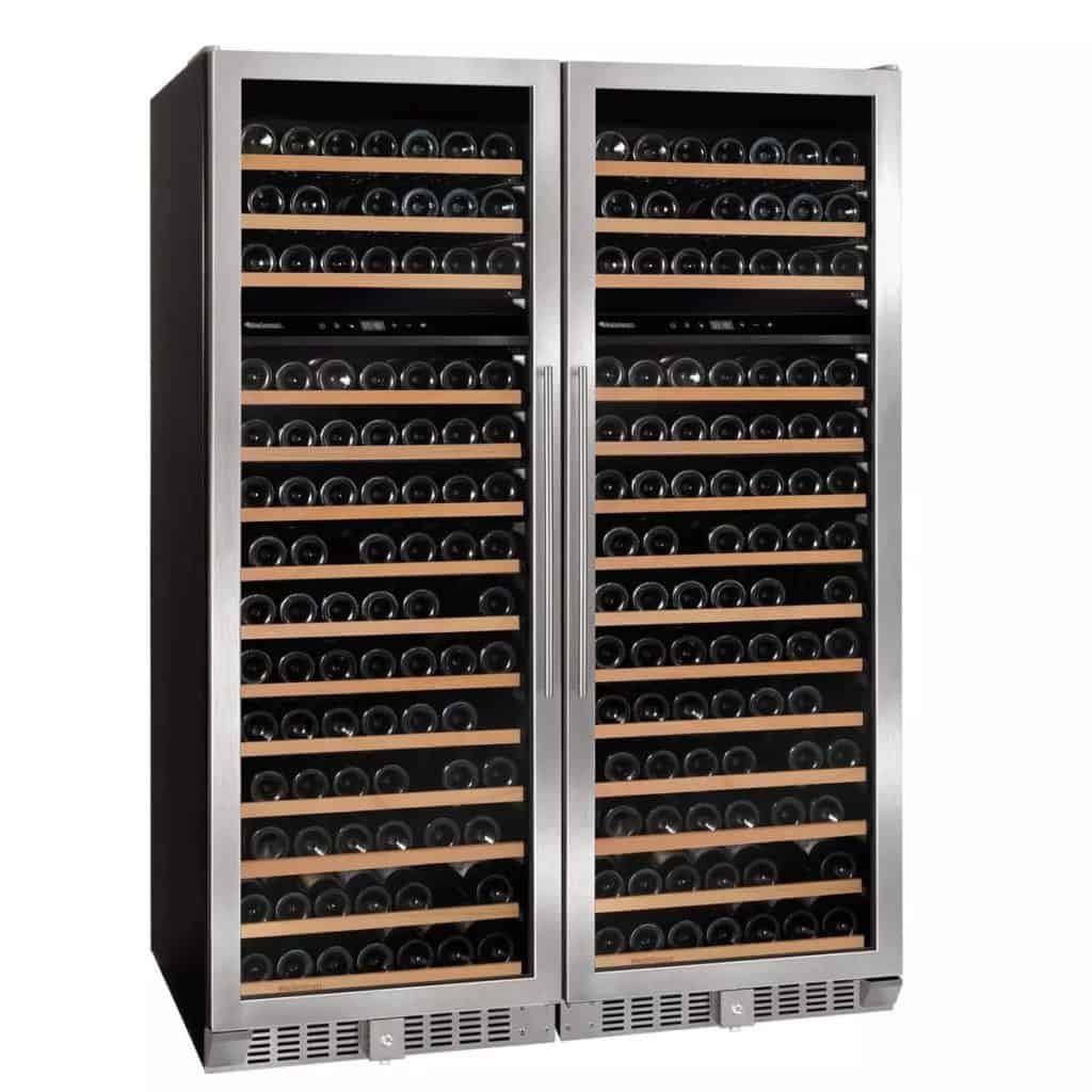 Double door wine refrigerator with wood racks