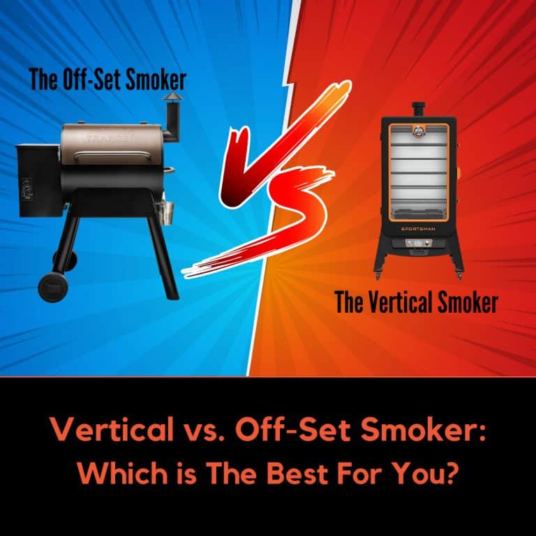 The Offset smoker vs the vertical smoker in a cartoonish setting with VS in the middle