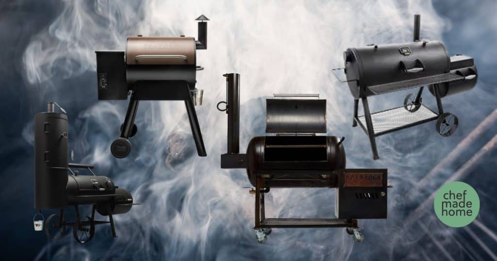 4 images of different horizontal offset smokers with a smokey background