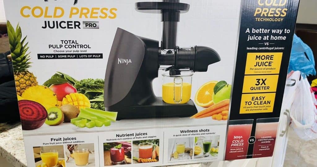 Picture of a Ninja Cold Press Juicer Box on a countertop