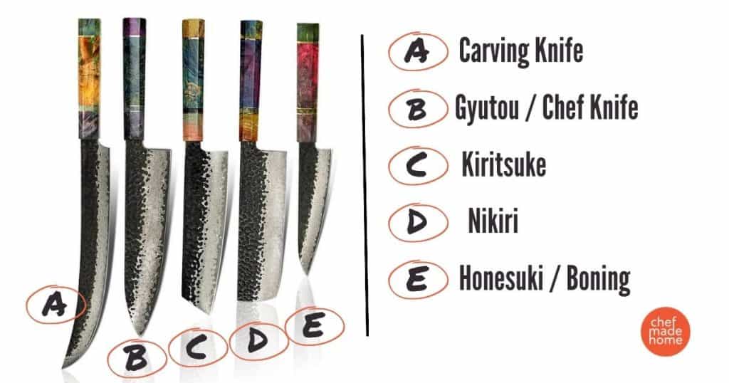 a few types of japanese style kitchen knives.